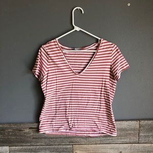 Pink and white striped v neck